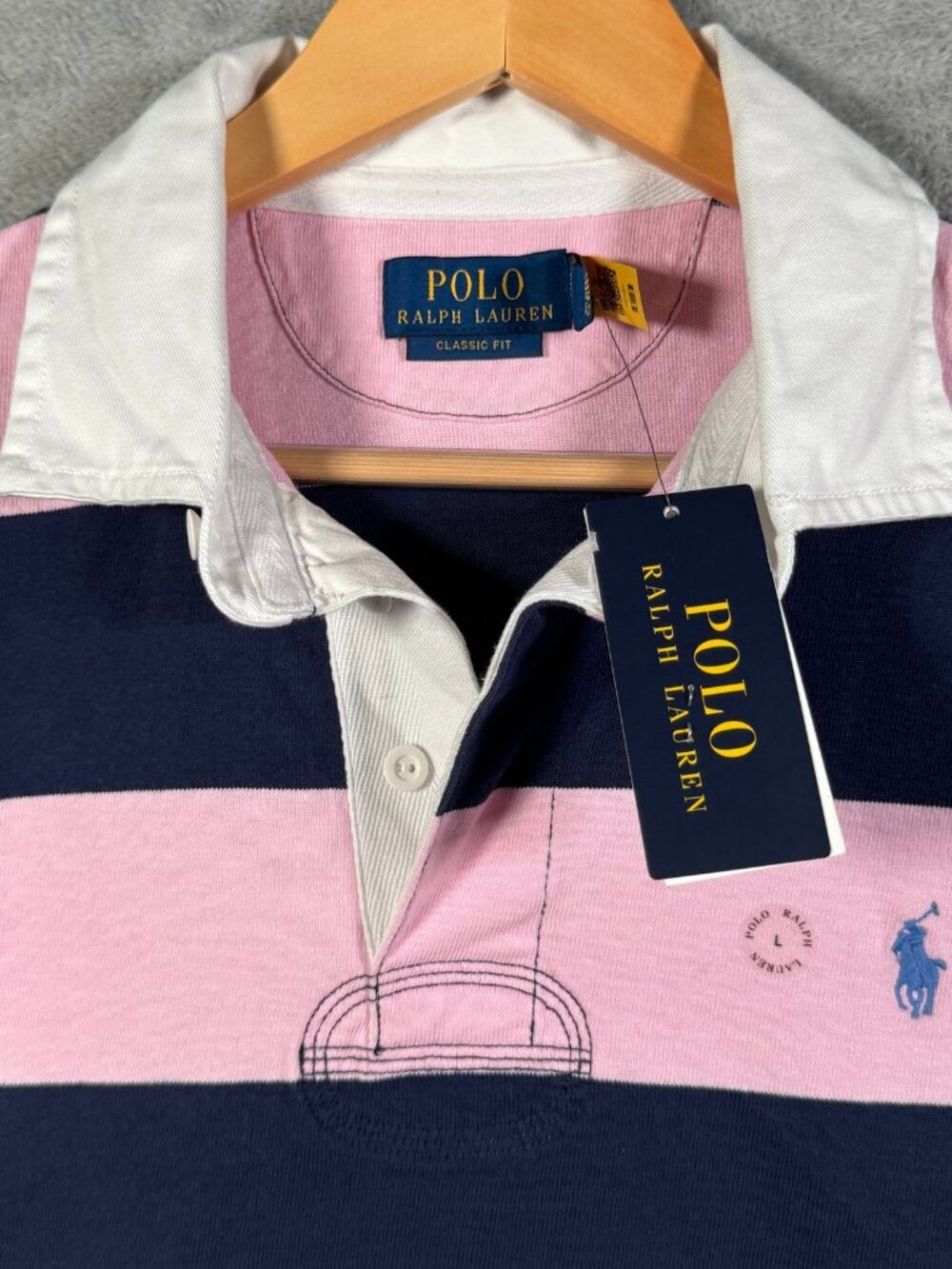 Polo Ralph Lauren Rugby Shirt Mens L Pink Navy Blue Striped Long Sleeve $145